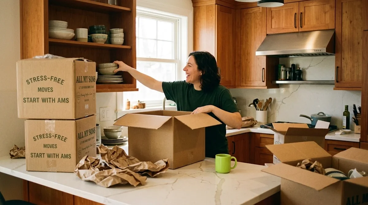 Candid editorial lifestyle photography of a cozy home interior being organized after a move. A person is happily unpacking a