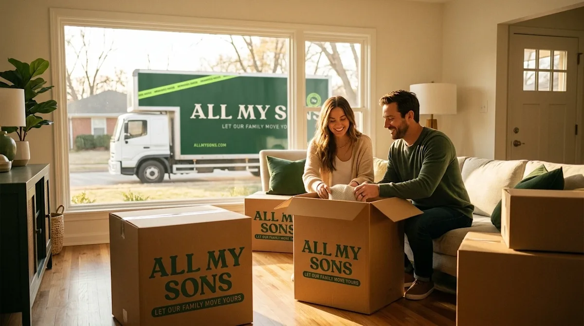 A heartwarming, candid lifestyle photograph of a smiling couple unpacking in the bright living room of their new home in Tuls