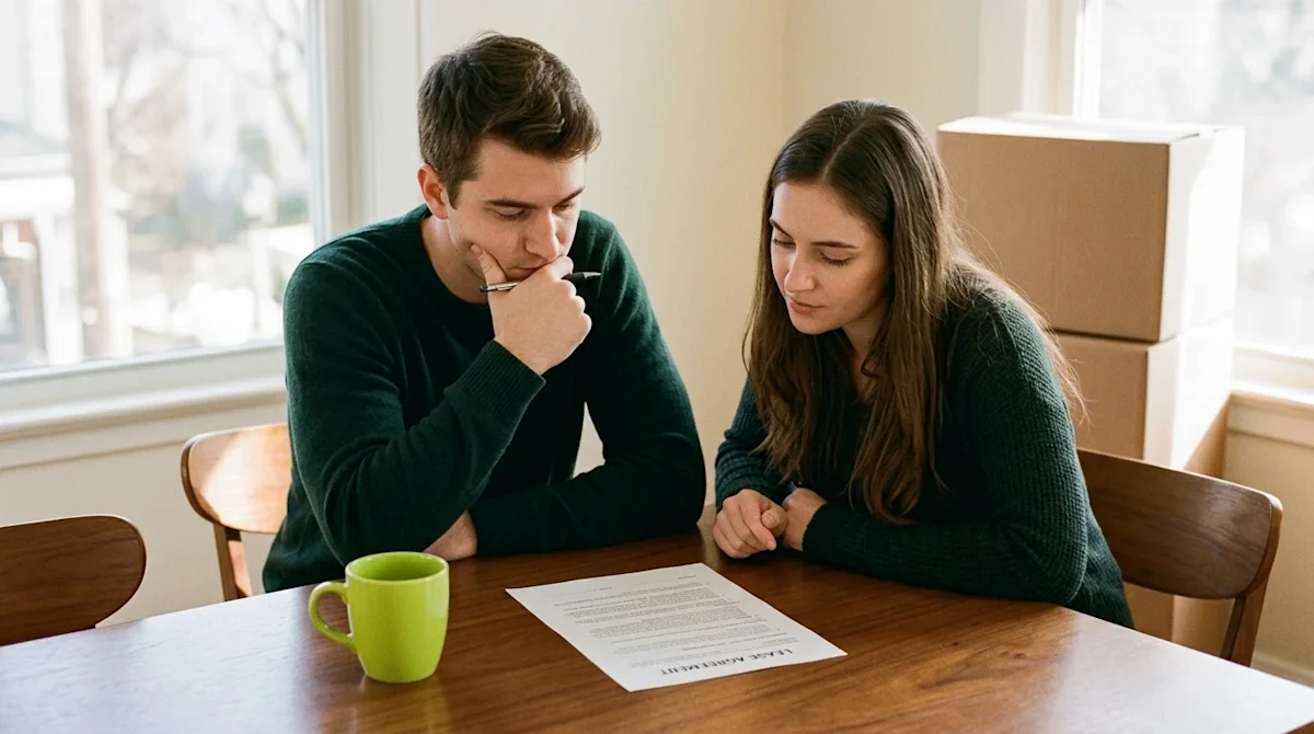 Authentic lifestyle photography of a thoughtful young couple sitting at a warm wooden dining table in a cozy apartment, looki