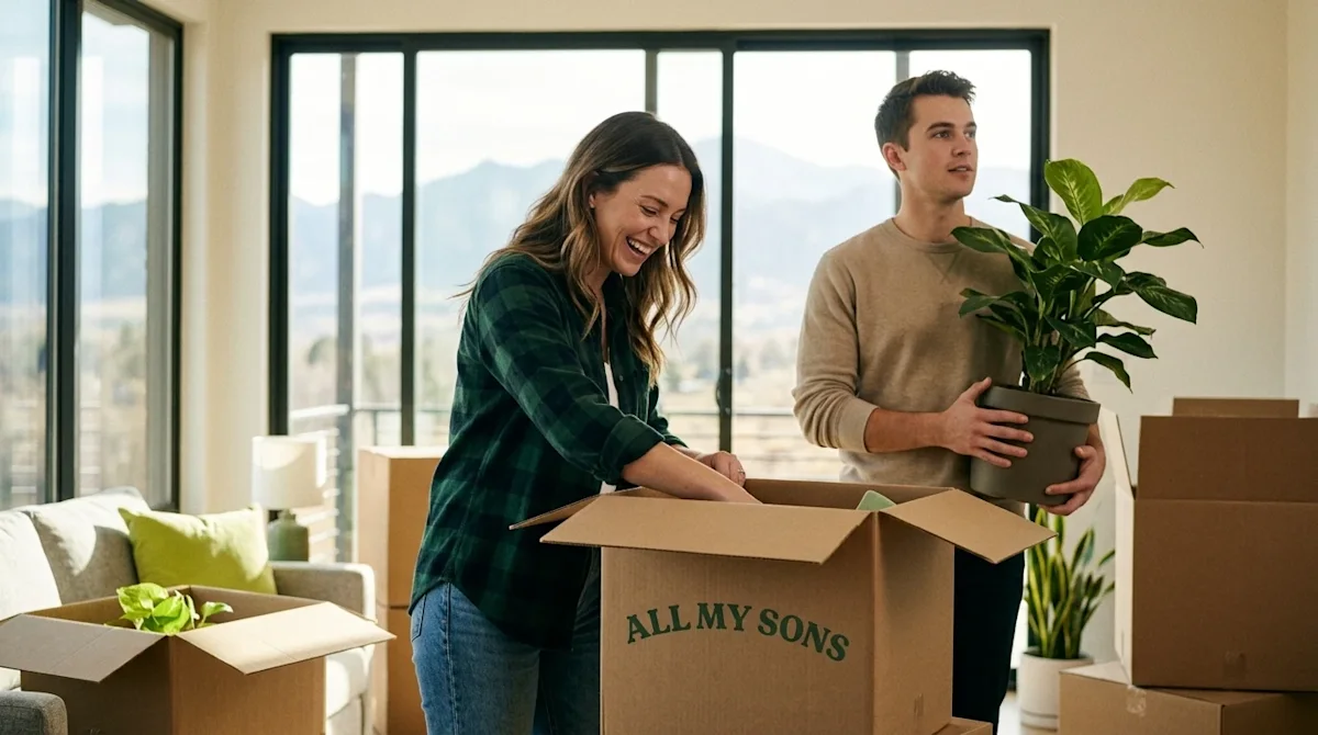 Candid, authentic lifestyle photography of a millennial couple unpacking in their new Colorado Springs home, capturing the es