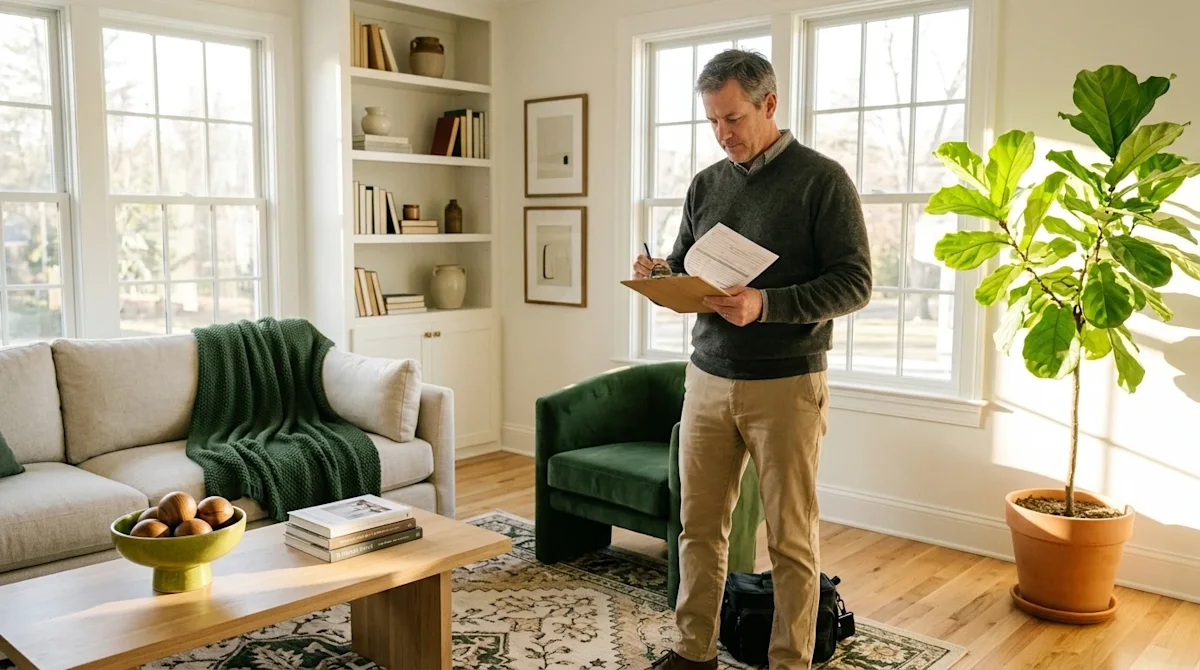 Realistic lifestyle photograph of a professional home appraiser holding a clipboard, standing in a beautifully staged, pristi