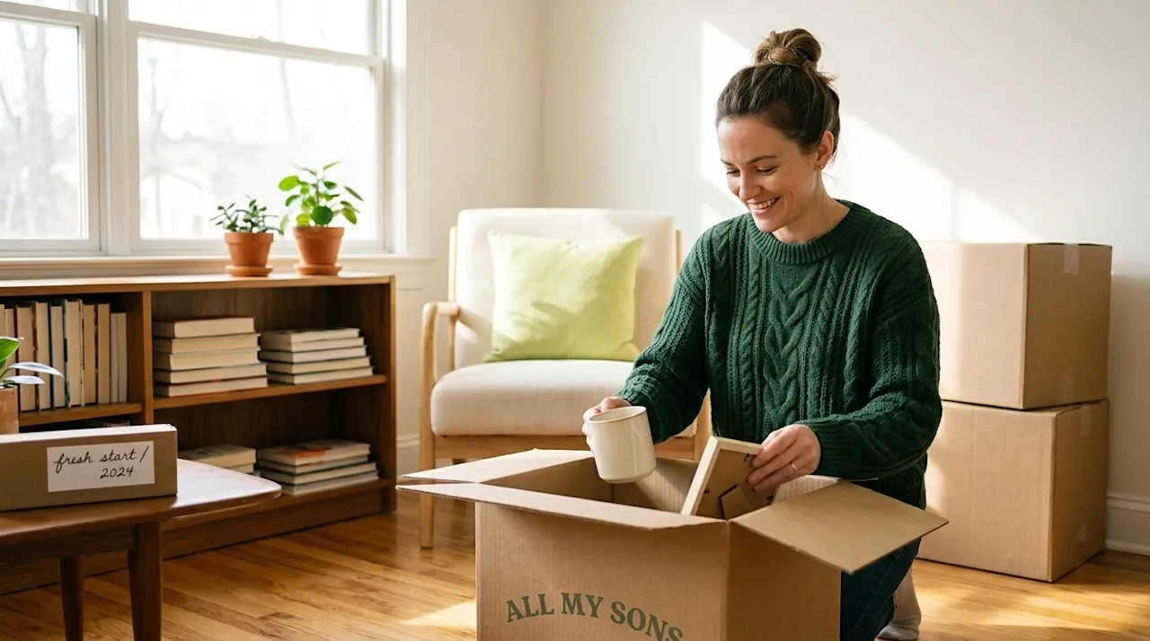 A high-quality lifestyle photograph of a bright, sunlit living room being beautifully organized for the New Year, symbolizing