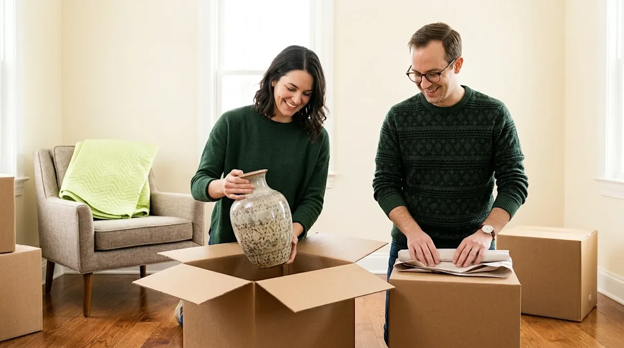 Professional marketing photography of a happy couple unpacking in the bright, sunlit living room of their new home. A woman w