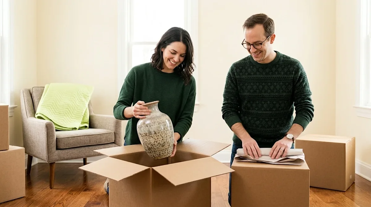 Professional marketing photography of a happy couple unpacking in the bright, sunlit living room of their new home. A woman w