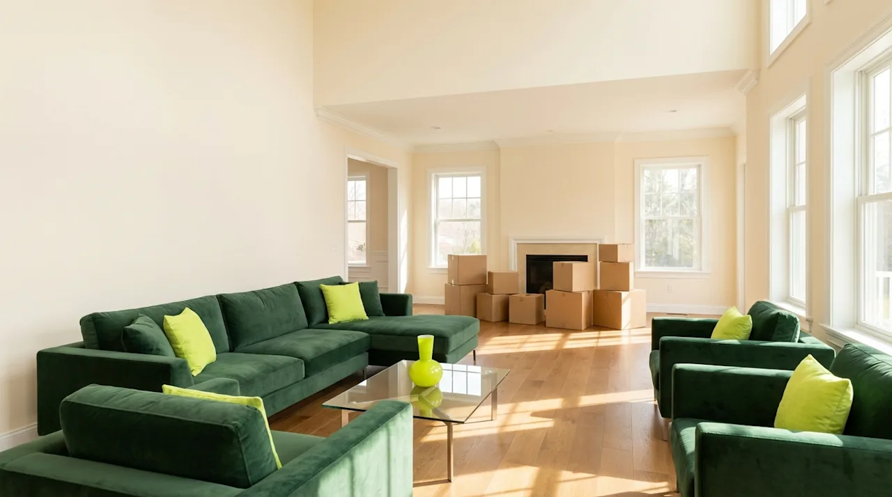 Bright living room with green velvet furniture and moving boxes in a luxury home staged for sale.