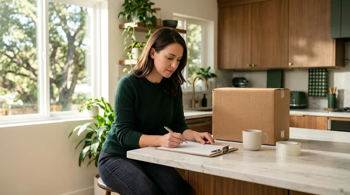 Professional marketing photography of a focused homeowner sitting at a bright, tidy kitchen island, carefully organizing a mo