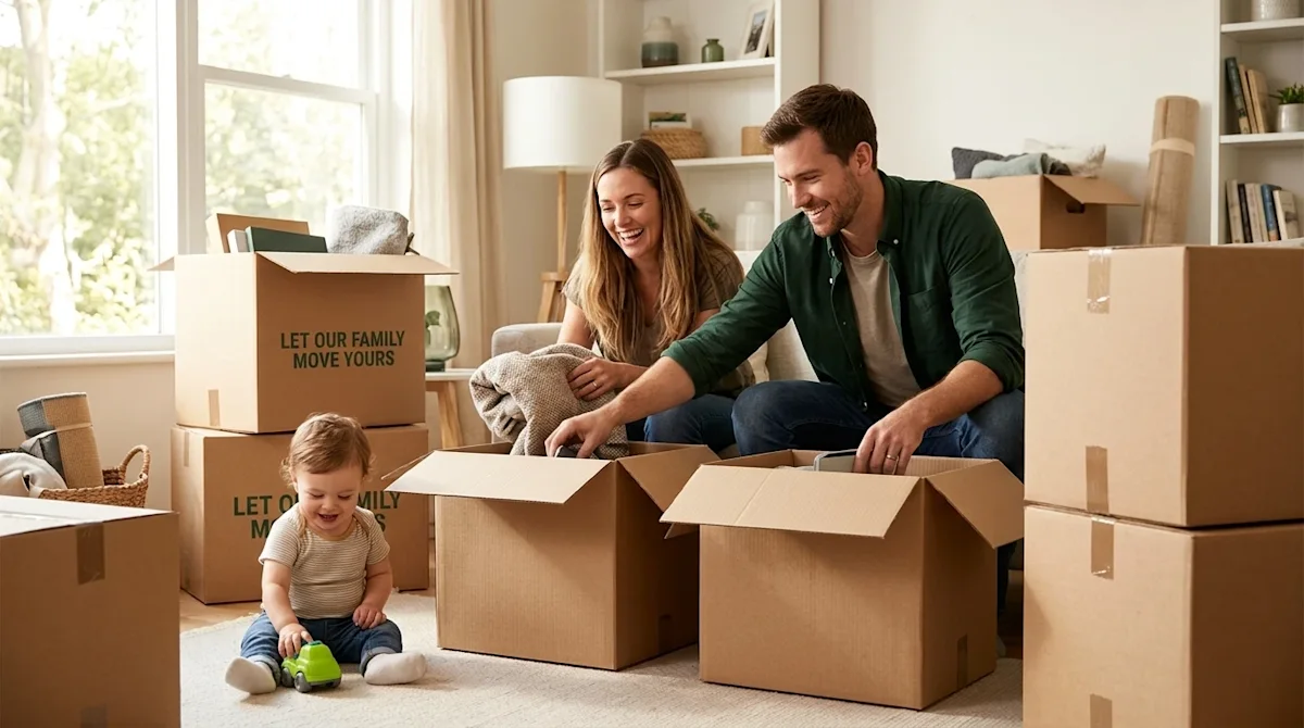 Professional marketing lifestyle photography of a warm, authentic family moving day. A smiling young mother and father are pa