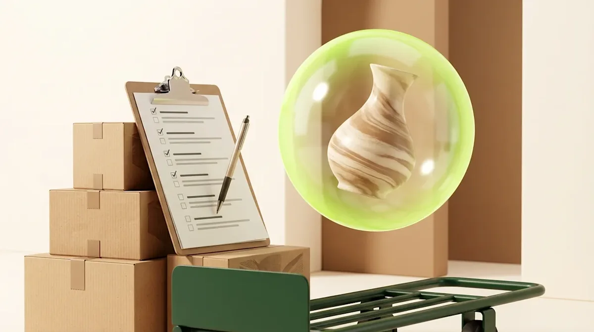 3D illustration of a checklist and fragile vase in a protective green bubble, symbolizing moving insurance.