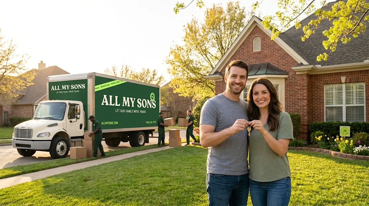 A happy couple holds keys in front of their new brick home while an All My Sons moving truck unloads in the background.