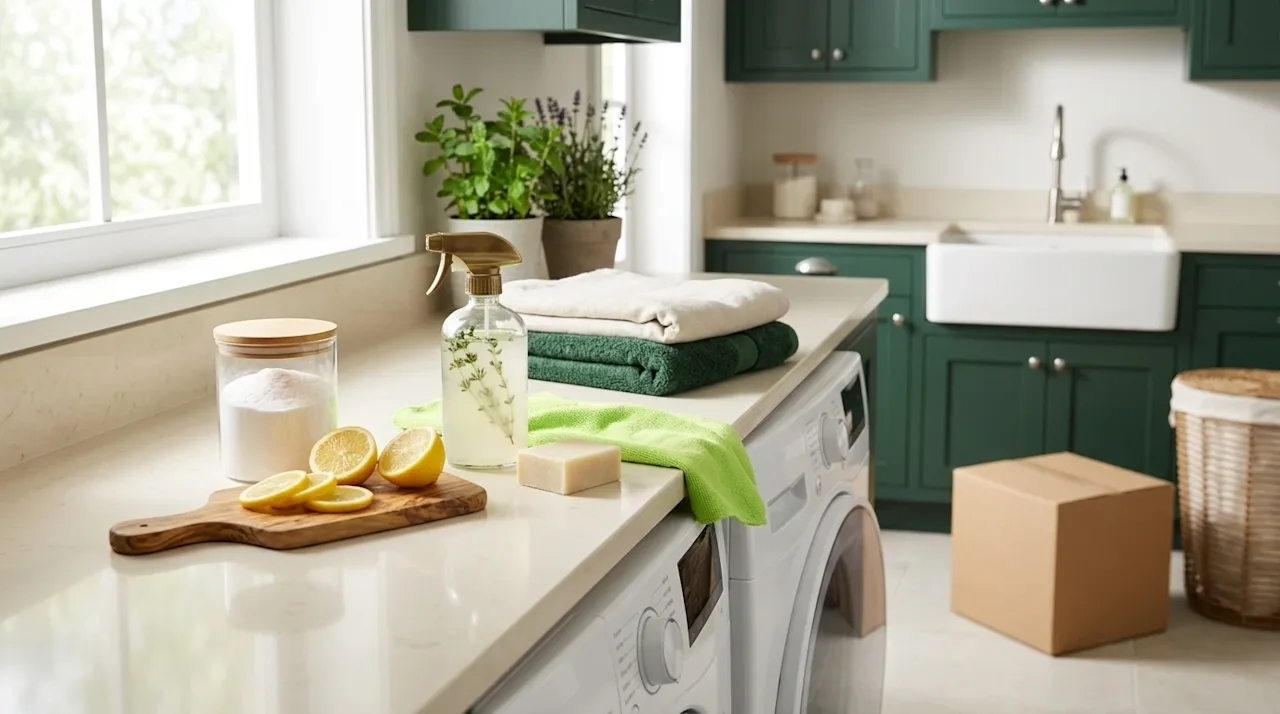 Professional marketing photography of a bright, modern laundry room focused on natural stain removal. On a smooth, cream-colo