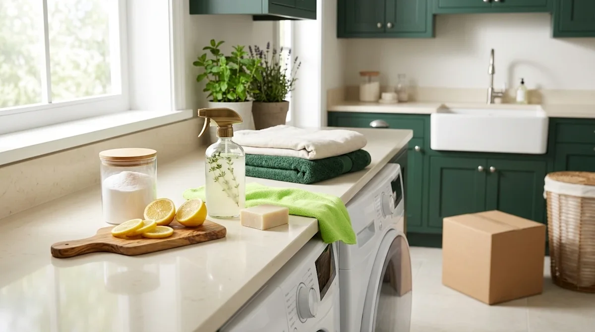 Professional marketing photography of a bright, modern laundry room focused on natural stain removal. On a smooth, cream-colo