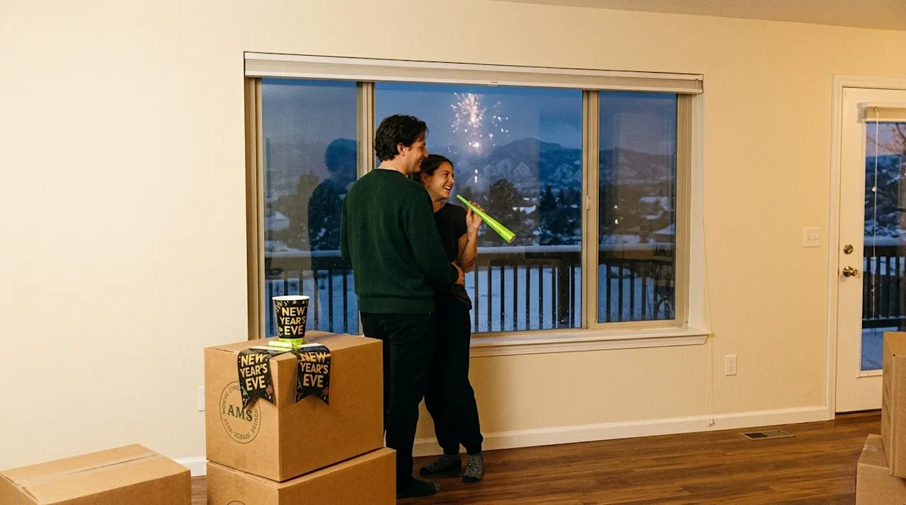 A candid, authentic lifestyle photograph of a joyful couple celebrating New Year's Eve in their newly moved-in home in Colora