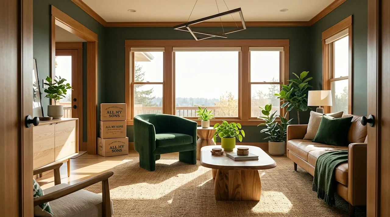 High-quality interior photography of a newly styled, modern living room showcasing bold statement pieces. The room features a