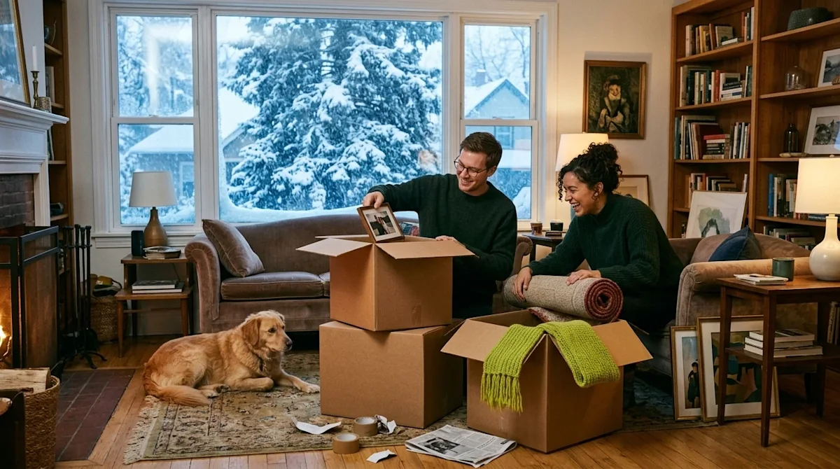 Authentic documentary lifestyle photography of a warm and cozy living room in Denver during a winter snowstorm. A young coupl