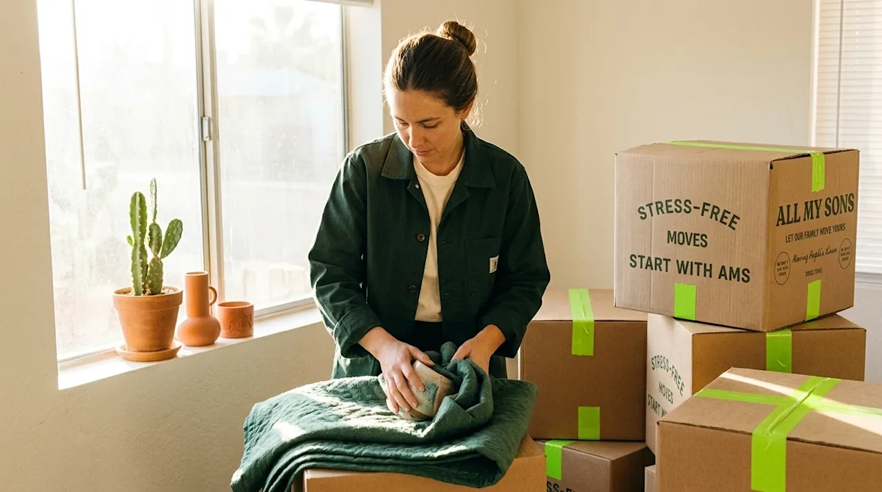 A candid, high-quality lifestyle photograph of a person efficiently packing belongings into cardboard moving boxes in a bright room.