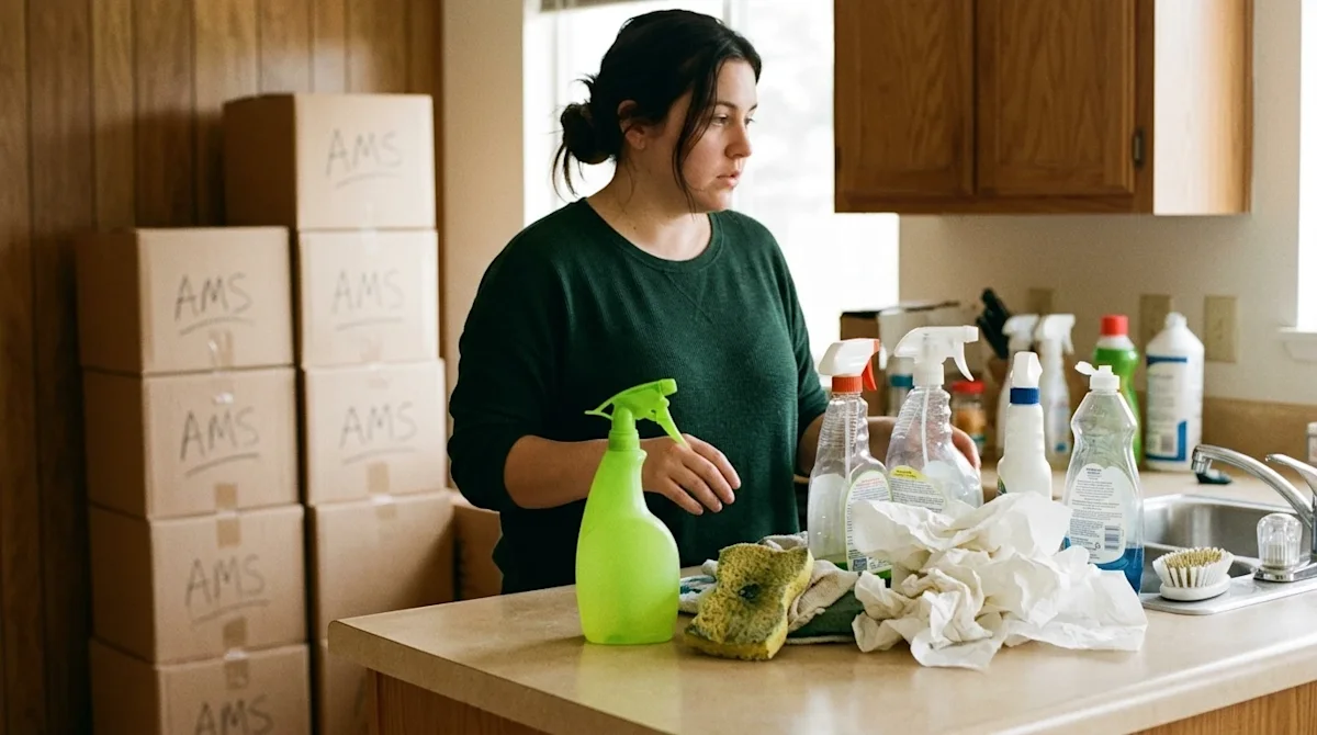 Candid lifestyle photography of a person in a home standing in front of a cluttered counter with a disorganized pile of clean