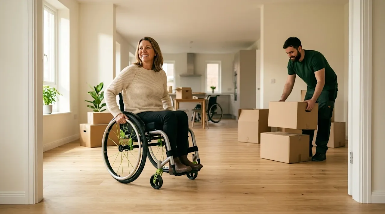 A happy woman in a wheelchair smiles as a professional mover helps unpack cardboard boxes in a bright new home.