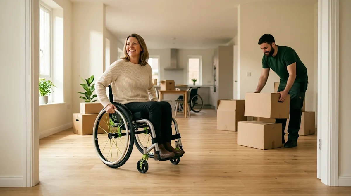 A happy woman in a wheelchair smiles as a professional mover helps unpack cardboard boxes in a bright new home.