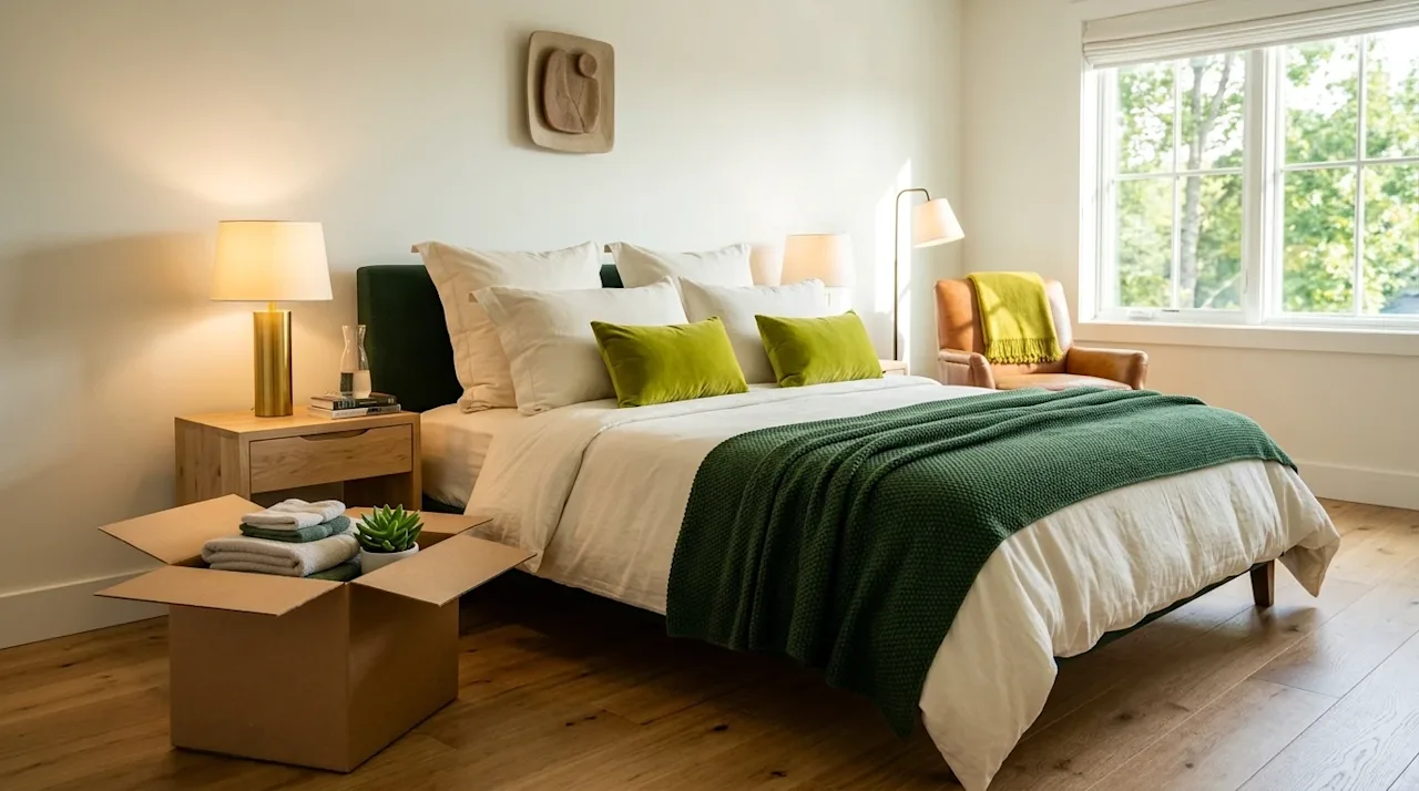 Professional marketing photography of a beautifully designed, inviting guest bedroom. The interior styling features a cozy, p