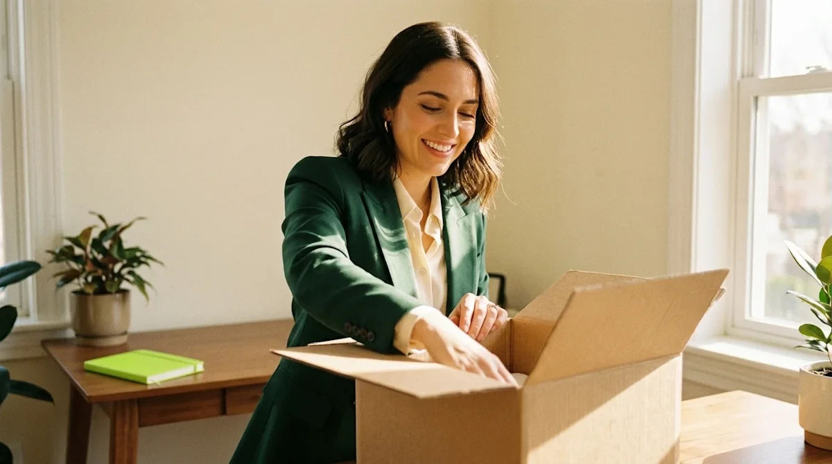 A candid, warm lifestyle photograph of a smiling young professional unpacking a blank cardboard moving box in a sunlit new ho