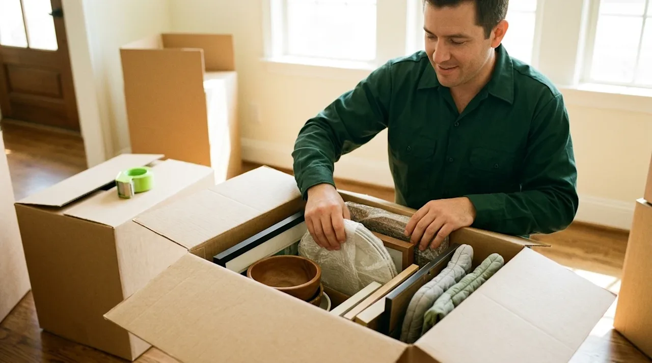 A candid, high-quality photograph of a professional mover neatly organizing and tightly packing household items into a sturdy