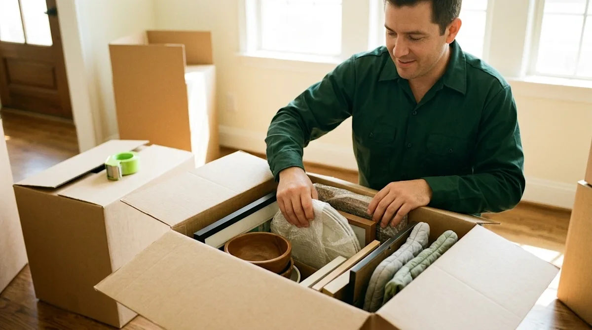 A candid, high-quality photograph of a professional mover neatly organizing and tightly packing household items into a sturdy