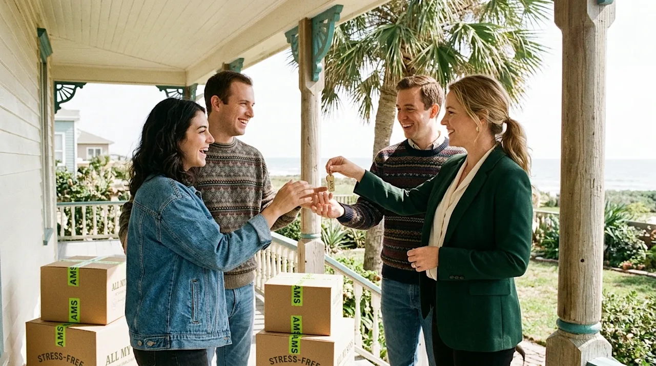 Candid lifestyle photography of a professional realtor standing on the sunlit porch of a beautiful, bright coastal Corpus Chr