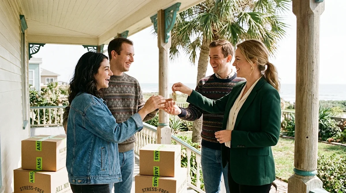 Candid lifestyle photography of a professional realtor standing on the sunlit porch of a beautiful, bright coastal Corpus Chr