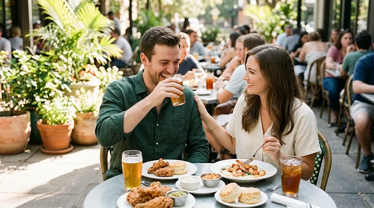 A candid, high-quality lifestyle photograph of a happy couple enjoying a delicious meal at a vibrant, bustling restaurant pat