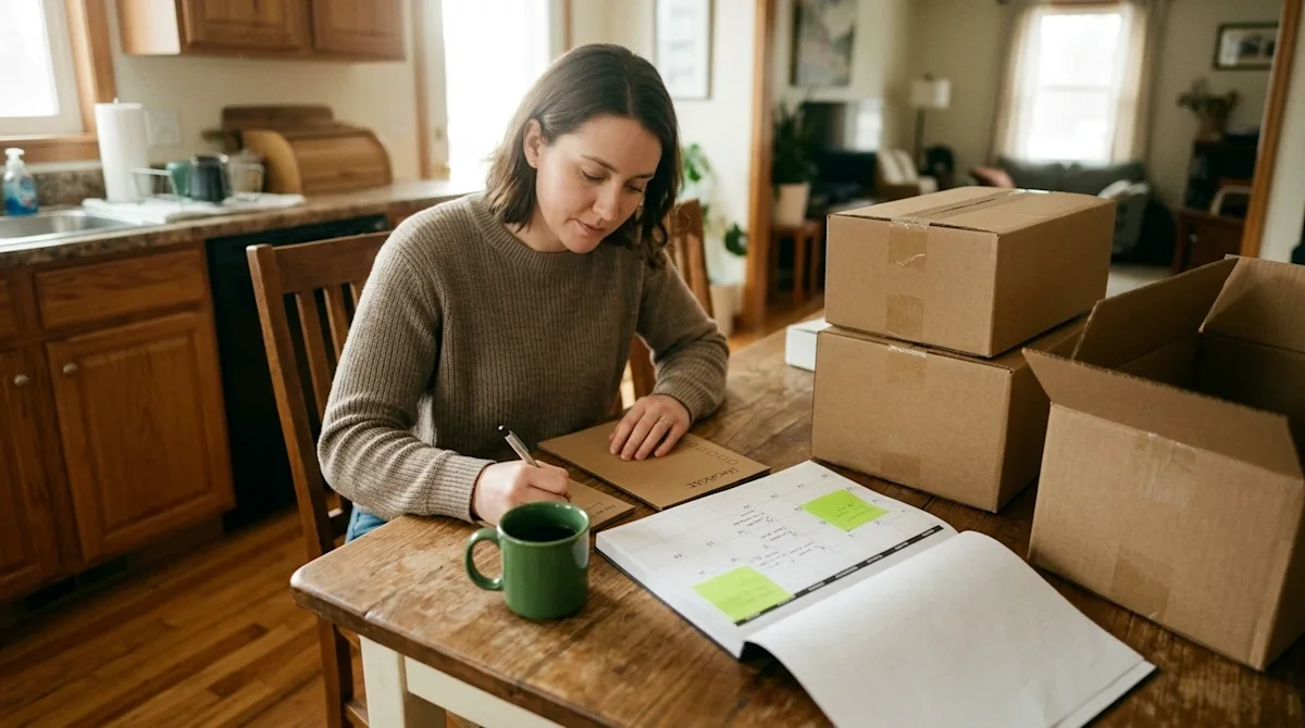 Authentic, warm documentary-style lifestyle photography of a person preparing for an upcoming move, sitting at a wooden kitch