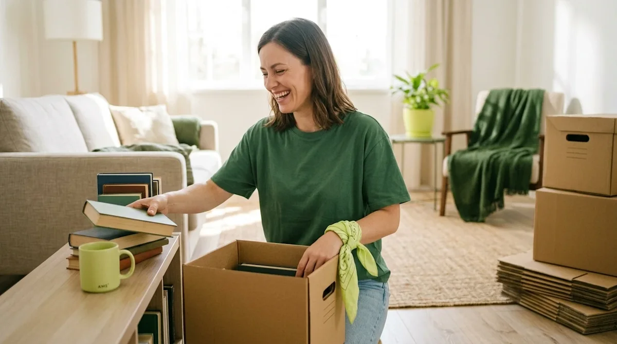 Candid lifestyle photography of a smiling person cheerfully decluttering a bright, airy living room. They are organizing hous