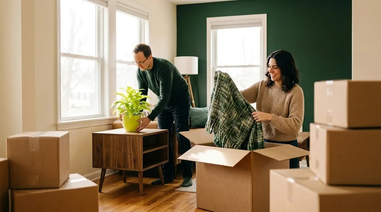 Authentic lifestyle photography of a happy couple unpacking and decorating their bright, sunlit new living room. One person i