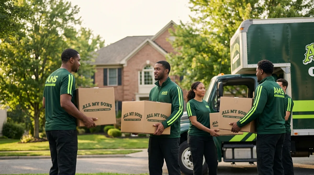 Professional All My Sons movers in uniforms carrying boxes near a truck in a leafy suburban neighborhood.