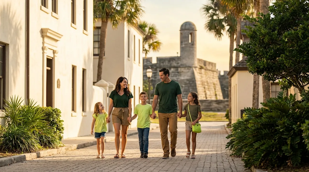 Family exploring historic St. Augustine Florida cobblestone streets near Castillo de San Marcos at golden hour.