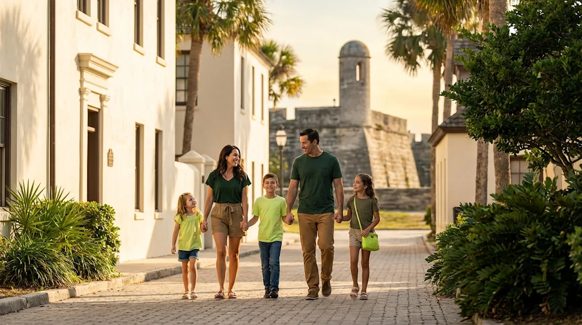 Family exploring historic St. Augustine Florida cobblestone streets near Castillo de San Marcos at golden hour.