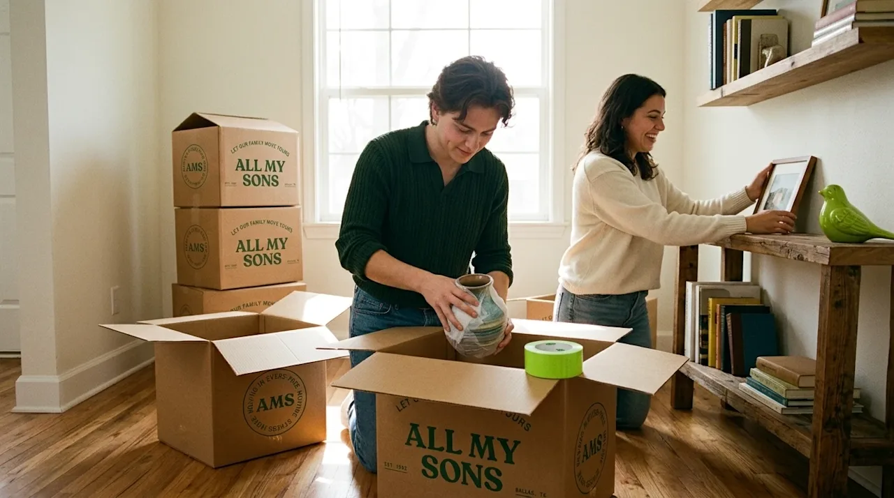 Editorial lifestyle film photography of a young couple happily and systematically unpacking brown cardboard boxes in their wa