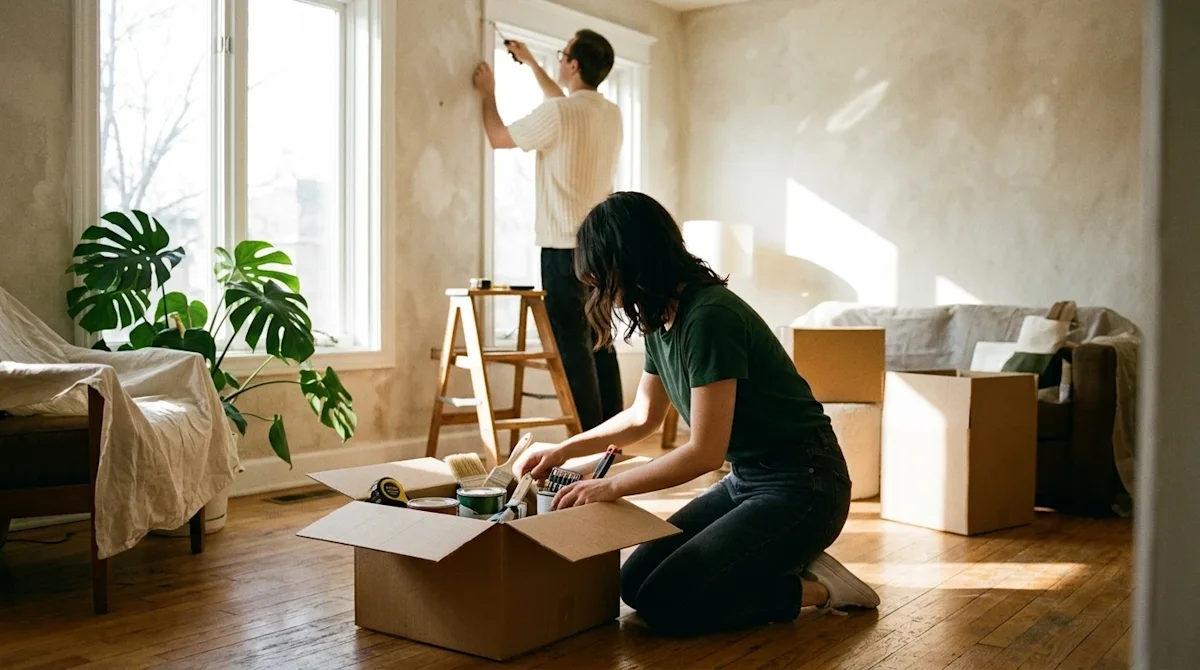 Candid lifestyle photography of a young couple doing spring home repairs in a bright, sunlit living room. A woman wearing a d