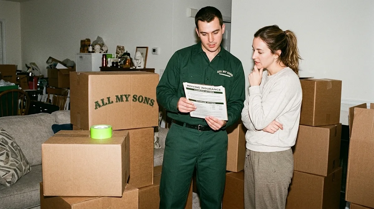 A candid raw 35mm film photograph of a professional mover in a dark forest green uniform discussing a printed document on a c