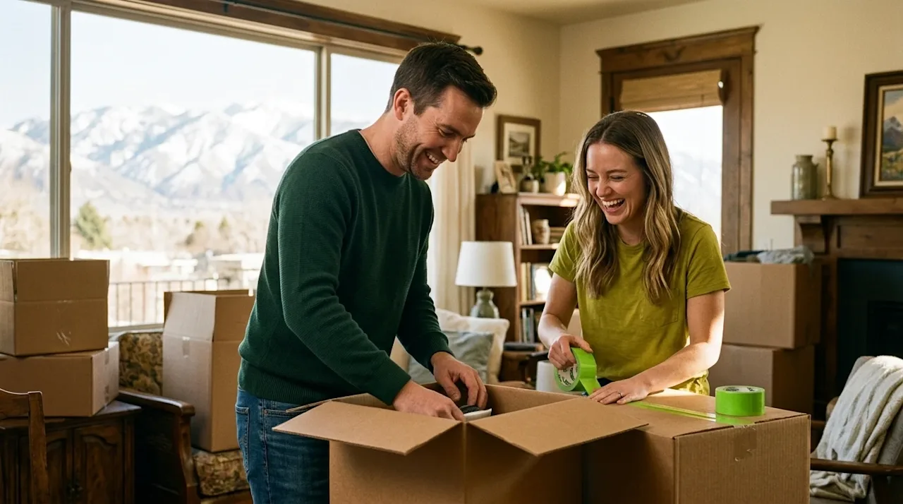Candid lifestyle photography of a happy couple packing brown cardboard moving boxes in a warm, inviting living room. Through