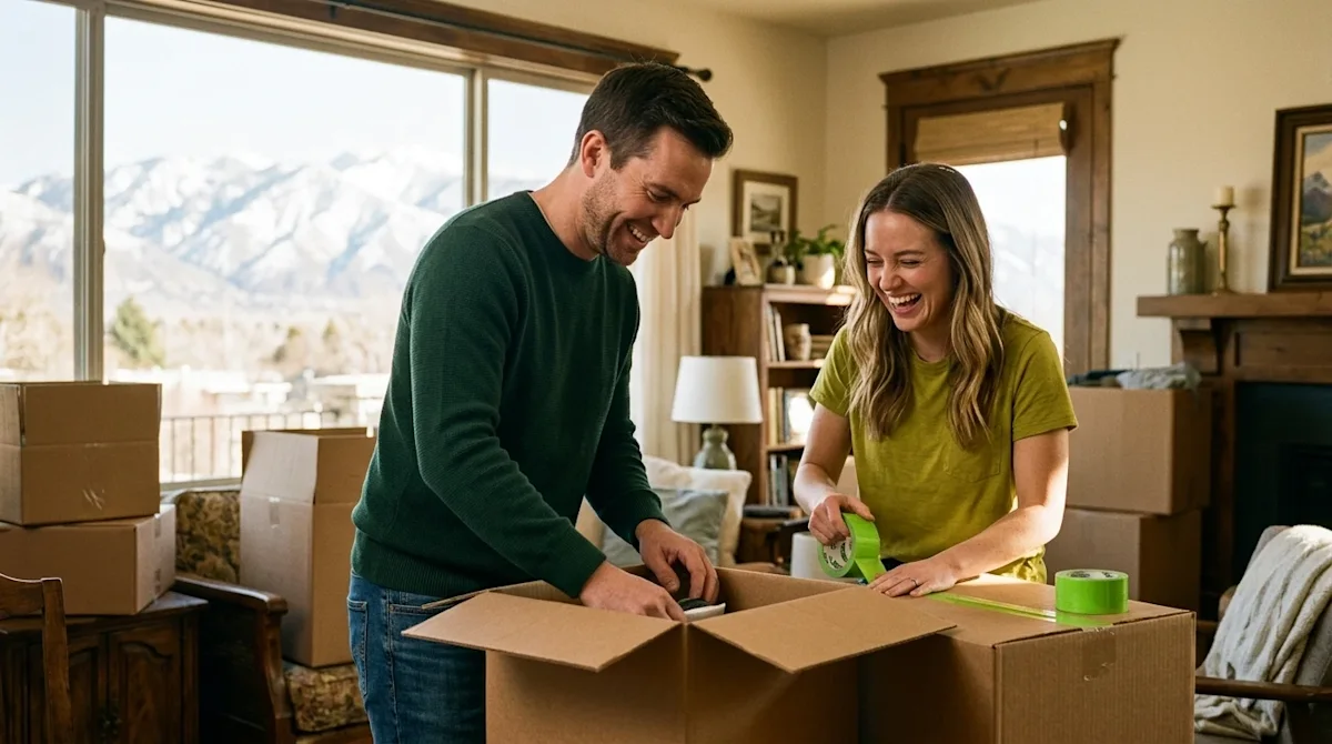 Candid lifestyle photography of a happy couple packing brown cardboard moving boxes in a warm, inviting living room. Through