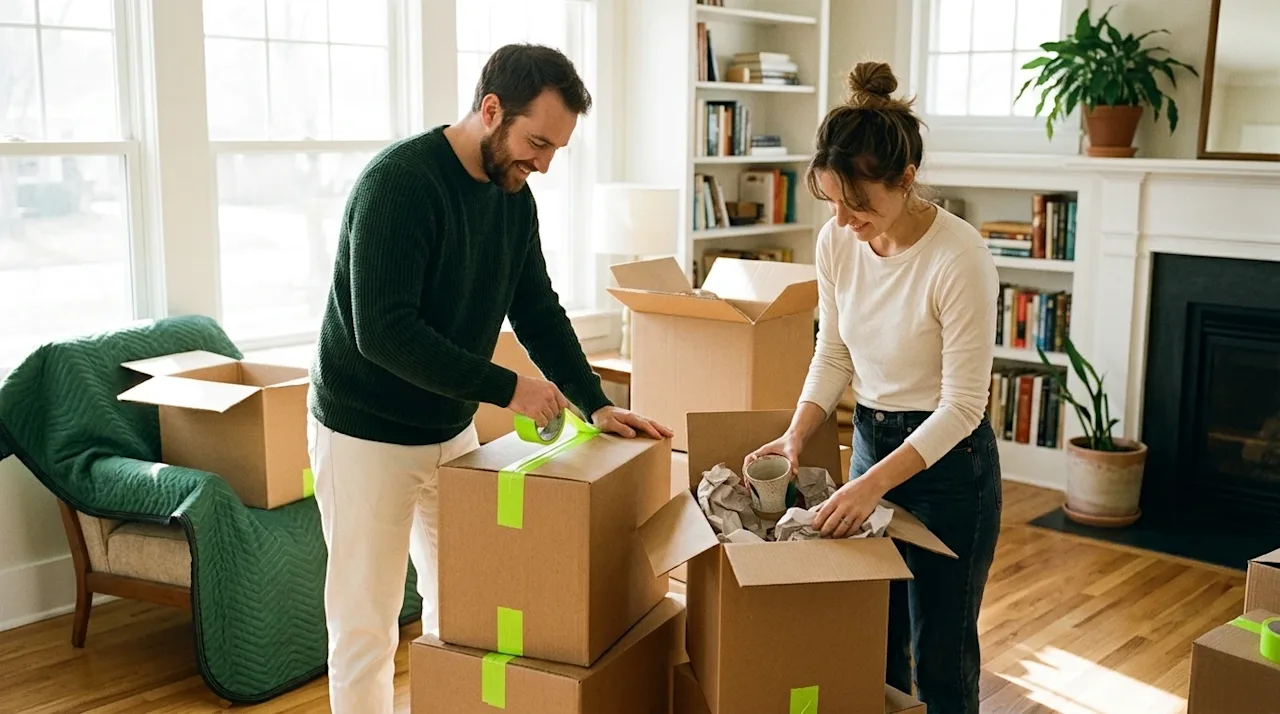 Candid lifestyle photography of a happy couple in a brightly lit, warm suburban living room, actively packing high-quality br
