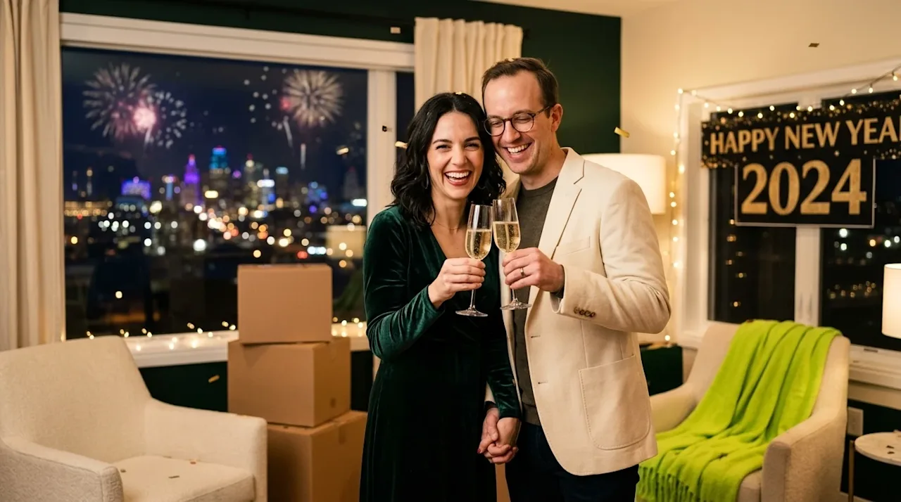 A high-quality lifestyle photograph of a joyful couple celebrating New Year's Eve in their newly moved-in living room. They a