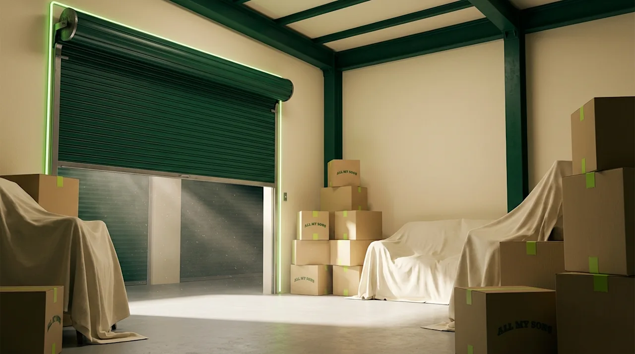 Clean All My Sons storage unit with green roll-up door, moving boxes, and furniture draped in sheets.