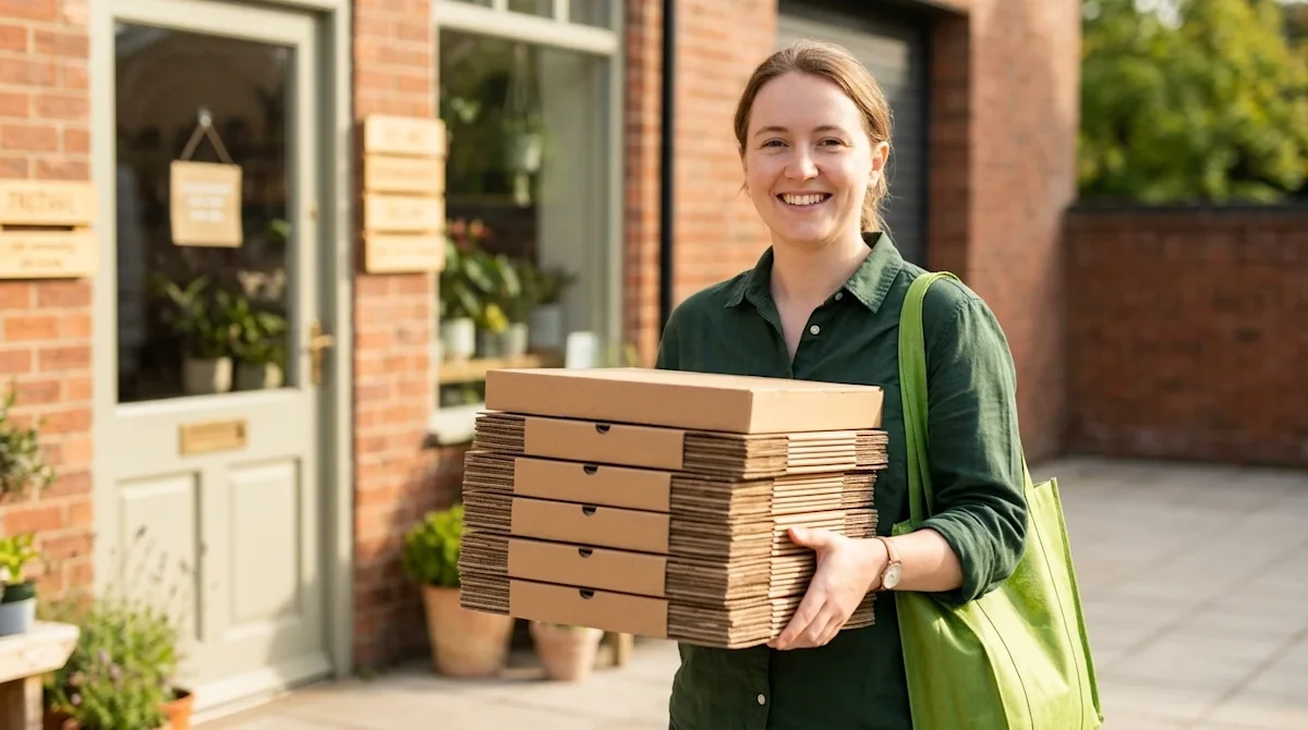 Professional marketing photography of a cheerful person holding a neatly folded stack of flat, clean, brown cardboard boxes.