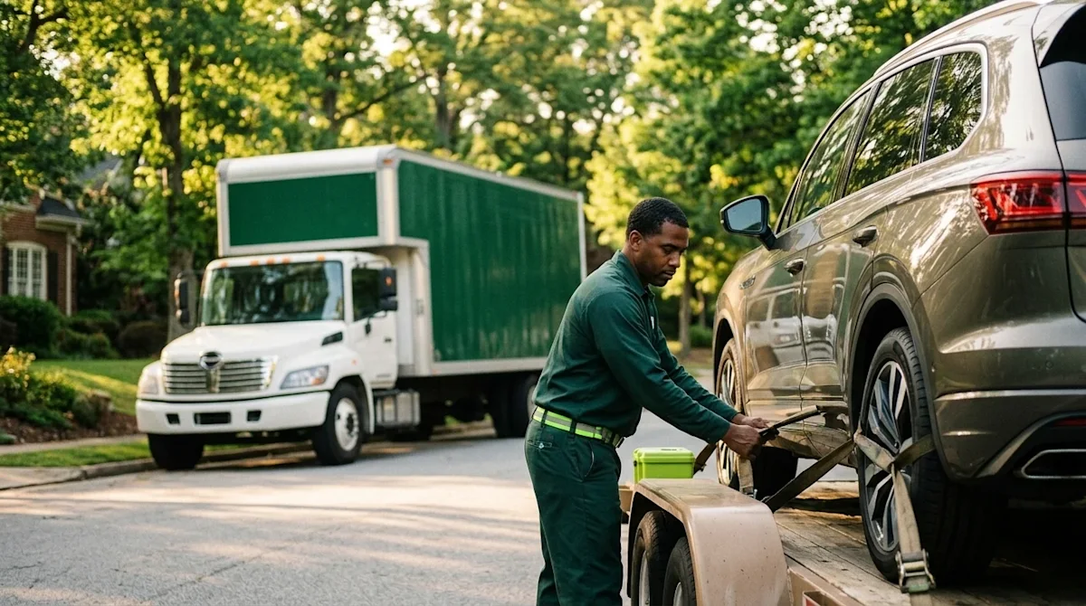 Cinematic 35mm film photography of an auto moving service in a lush, leafy residential neighborhood in Atlanta. A professiona