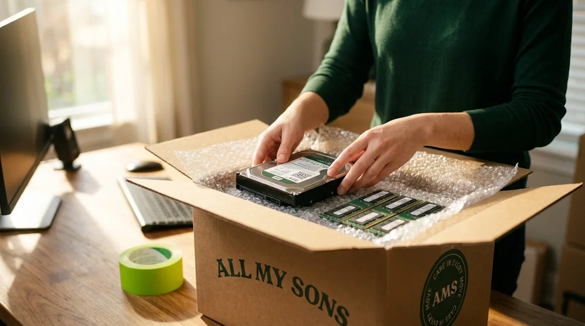 A high-quality, photorealistic lifestyle image of a person carefully packing computer storage components, including a sleek i