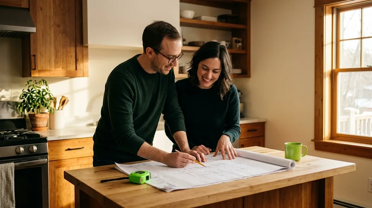 Authentic lifestyle photography of a smiling couple standing at a rustic wooden kitchen island in a warmly lit home, actively