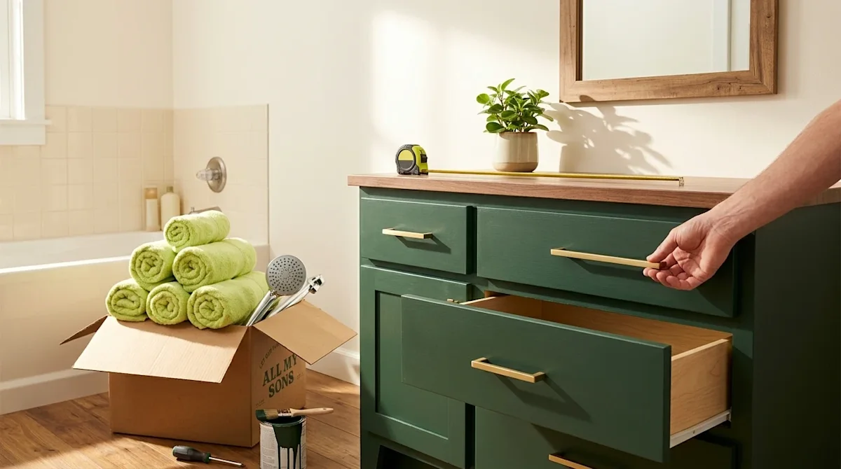 Clear, professional marketing photography of a bright, inviting residential bathroom undergoing a budget-friendly DIY update.