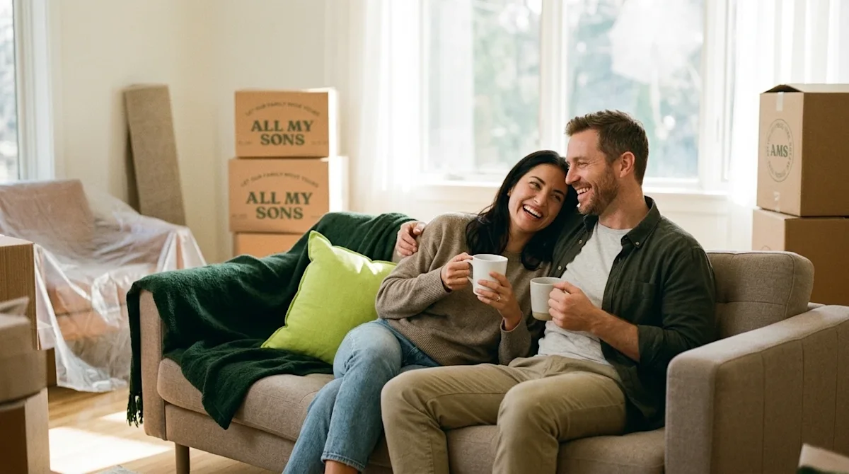 Clear and professional marketing photography of a relaxed, smiling couple taking a stress-free break on moving day. They are