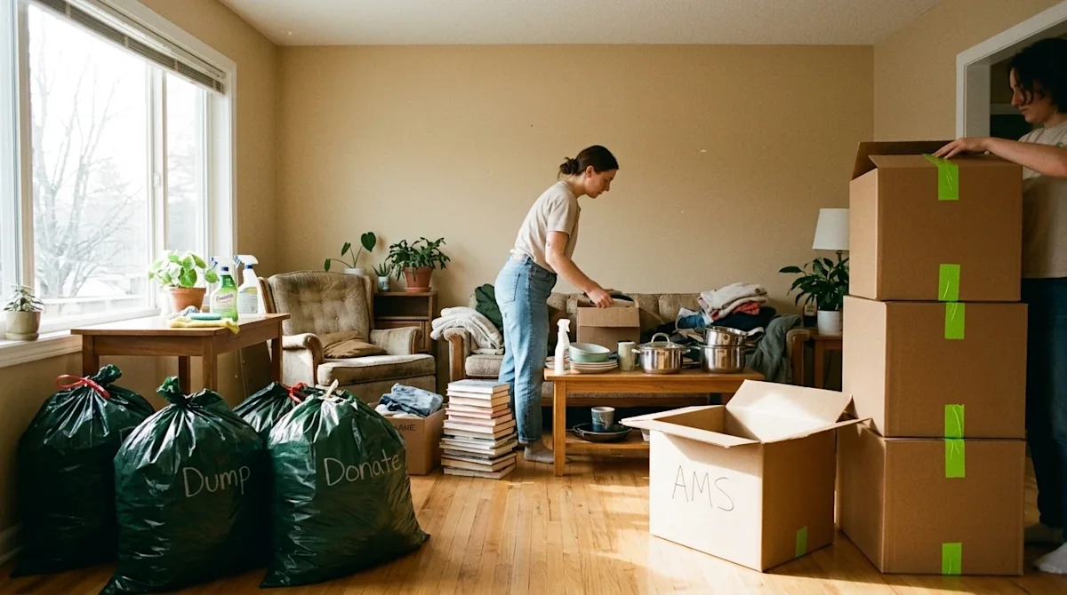 A candid, authentic lifestyle photograph of a bright, sunlit living room undergoing a major spring cleaning and decluttering